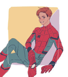 Rule 34 | 1boy, animal print, animification, blue bodysuit, blush, bodysuit, border, brown eyes, brown hair, commentary request, crossed legs, highres, holding, holding mask, looking at viewer, male focus, marvel, marvel cinematic universe, mask, multicolored background, outside border, peter parker, purple background, red bodysuit, red mask, short hair, sitting, smile, solo, spider-man, spider-man (series), spider print, spider web print, superhero costume, teeth, tkrckr, two-tone bodysuit, v-shaped eyebrows, web shooter, white border, yellow background