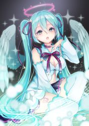 Rule 34 | 1girl, ahoge, aqua hair, between legs, black skirt, blue dress, blue sleeves, blue thighhighs, breasts, cleavage, commentary request, detached sleeves, dress, feathered wings, feet out of frame, green eyes, hair between eyes, halo, hand between legs, hand up, hatsune miku, highres, long hair, long sleeves, looking at viewer, medium breasts, open mouth, pk (mukasihasakana), pleated skirt, skirt, solo, teeth, thighhighs, upper teeth only, very long hair, vocaloid, white wings, wide sleeves, wings