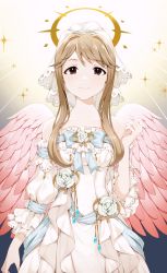 Rule 34 | 1girl, absurdres, angel, angel wings, arm at side, bare shoulders, blue background, bow, brown eyes, chain, closed mouth, commentary, cowboy shot, detached sleeves, dress, feathered wings, flower, frilled dress, frilled sleeves, frills, gem, gradient background, grey bow, grey ribbon, hair intakes, halo, hand up, highres, idolmaster, idolmaster million live!, jewelry, light brown hair, light smile, long hair, long sleeves, looking at viewer, pink wings, pinkiepies2, rose, solo, sparkle, standing, strapless, strapless dress, sunburst, symbol-only commentary, tenkuubashi tomoka, turquoise (gemstone), veil, wedding dress, white background, white dress, white flower, white rose, wings