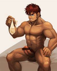 Rule 34 | 1boy, abs, bara, censored, condom, cum, erection, looking at viewer, male focus, mame gawa, muscular, original, penis, sitting, solo, used condom
