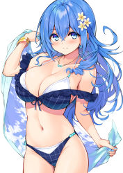 Rule 34 | 1girl, bangle, bare shoulders, bikini, blue bikini, blue eyes, blue hair, blush, bracelet, breasts, cleavage, closed mouth, collarbone, commentary request, cowboy shot, cu-no, flower, gluteal fold, groin, hair between eyes, hair flower, hair ornament, hand up, hisen kaede, holding, holding towel, jewelry, kohitsuji ai, large breasts, layered bikini, long hair, looking at viewer, nail polish, navel, simple background, smile, solo, swimsuit, towel, white background, white bikini, white flower
