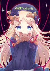 Rule 34 | 1girl, abigail williams (fate), absurdres, bad id, bad pixiv id, black bow, black dress, black hat, blonde hair, blue eyes, blush, bow, bug, butterfly, commentary request, covered mouth, dress, fate/grand order, fate (series), hair bow, hat, highres, hugging object, insect, long hair, long sleeves, looking at viewer, milestone celebration, noose, orange bow, parted bangs, polka dot, polka dot bow, rinringyo, sleeves past fingers, sleeves past wrists, solo, stuffed animal, stuffed toy, teddy bear, thank you, very long hair