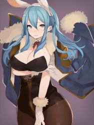 Rule 34 | 10s, 1girl, animal ears, bad id, bad twitter id, blue eyes, blue hair, blush, breast hold, breasts, detached collar, fake animal ears, female focus, gloves, gradient background, granblue fantasy, jacket, jacket on shoulders, k (li), large breasts, leotard, long hair, looking at viewer, matching hair/eyes, pantyhose, playboy bunny, rabbit ears, solo, sweatdrop, therese (granblue fantasy)