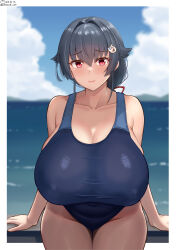 Rule 34 | 1girl, beach, blue one-piece swimsuit, blue sky, blush, breasts, cleavage, cloud, cloudy sky, covered navel, day, grey hair, hair between eyes, hair flaps, hair ornament, hairclip, highres, huge breasts, jingei (kancolle), kantai collection, long hair, looking at viewer, low ponytail, mountain, ocean, old school swimsuit, one-piece swimsuit, outdoors, red eyes, school swimsuit, shiromaru (maniado), sitting, sky, solo, swimsuit, water