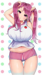 Rule 34 | 1girl, arms up, bare shoulders, blush, breasts, curvy, head tilt, large breasts, long hair, looking at viewer, micro shorts, navel, original, parted lips, purple eyes, purple hair, shorts, solo, thigh gap, twintails, ushinomiya
