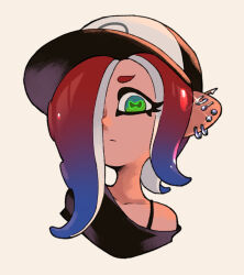 Rule 34 | 1girl, baseball cap, blue hair, cephalopod eyes, closed mouth, commentary request, cropped torso, dedf1sh, ear piercing, earrings, eyelashes, glint, gradient hair, green eyes, hair over one eye, hat, hoop earrings, jewelry, long hair, looking at viewer, multicolored hair, nintendo, octoling, off shoulder, piercing, print headwear, red hair, simple background, single bare shoulder, solo, splatoon (series), splatoon 3, splatoon 3: side order, tentacle hair, teo (teorekka), thick eyebrows, two-tone hair, upper body, white background