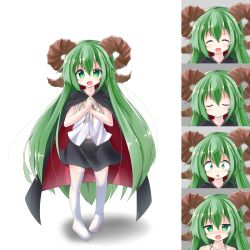 Rule 34 | 1girl, :d, :o, ^ ^, bare shoulders, black cape, black skirt, blush, cape, closed eyes, closed mouth, collarbone, commentary request, curled horns, expressions, green eyes, green hair, hair between eyes, hands up, highres, horns, long hair, multicolored cape, multicolored clothes, neck ribbon, no shoes, open mouth, original, own hands together, parted lips, pigeon-toed, red cape, ribbon, ryogo, shirt, skirt, smile, standing, thighhighs, very long hair, white shirt, white thighhighs, yellow ribbon
