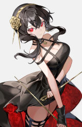 Rule 34 | 1girl, bare shoulders, black dress, black gloves, black hair, black thighhighs, breasts, chyoel, cleavage, dagger, dress, earrings, fingerless gloves, gloves, gold hairband, hair ornament, hairband, highres, jewelry, knife, large breasts, long hair, looking at viewer, red eyes, sidelocks, simple background, solo, spy x family, thighhighs, thighs, weapon, yor briar
