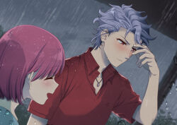 Rule 34 | 1boy, 1girl, blush, bob cut, closed eyes, collared shirt, grey hair, hand on own face, jewelry, krudears, necklace, open mouth, pink hair, protagonist (tokimemo gs3), rain, red eyes, red shirt, shirt, shitara seiji, short hair, short sleeves, smile, tokimeki memorial, tokimeki memorial girl&#039;s side 3rd story, upper body, wet, wet hair
