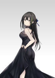 Rule 34 | 1girl, alternate costume, ass, bad id, bad pixiv id, bare shoulders, black dress, blue ribbon, breasts, brown eyes, brown hair, closed mouth, dress, from side, girls&#039; frontline, gradient background, green hair, hair between eyes, hair ribbon, halter dress, halterneck, highres, lifting own clothes, long hair, looking at viewer, m4a1 (girls&#039; frontline), medium breasts, multicolored hair, pale skin, ribbon, sidelocks, simple background, skirt hold, smile, split mouth, streaked hair, two-tone hair, yuuki mix