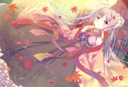 Rule 34 | 1girl, autumn leaves, brown eyes, double bun, dutch angle, ech, grey hair, highres, japanese clothes, long hair, looking at viewer, original, solo, tears