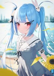Rule 34 | 1girl, absurdres, black bow, black ribbon, blue hair, blurry, blurry background, bow, closed mouth, commentary request, detached sleeves, dress, ear piercing, earrings, flower, frilled sailor collar, frills, grey dress, hair bow, hair ornament, hairclip, highres, jewelry, lake, long hair, neck ribbon, original, petals, piercing, pleated dress, puffy short sleeves, puffy sleeves, rabbit hair ornament, red eyes, ribbon, sailor collar, sailor dress, short sleeves, signature, skyline, solo, sunflower, tsukiman, twintails, very long hair, water, white sailor collar, yellow flower