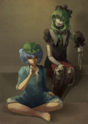 Rule 34 | 2girls, android, barefoot, blue eyes, blue hair, bow, cable, empty eyes, feet, female focus, front ponytail, green eyes, green hair, hair bow, hat, head tilt, highres, indian style, joints, kagiyama hina, kawashiro nitori, key, multiple girls, robot joints, sitting, smile, touhou, two side up, uruo