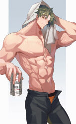 Rule 34 | 1boy, abs, absurdres, achilles (fate), beer can, black pants, blush, brown eyes, can, closed mouth, drink can, fate/apocrypha, fate (series), green hair, haruakira, head tilt, highres, holding, holding can, large pectorals, looking at viewer, male focus, male underwear, male underwear peek, muscular, muscular male, open fly, orange male underwear, pants, pectorals, short hair, smile, solo, topless male, towel, underwear, wet