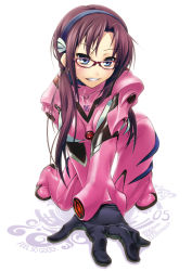 Rule 34 | 00s, 1girl, all fours, blue eyes, blush, brown hair, evangelion: 2.0 you can (not) advance, female focus, full body, glasses, gloves, grin, long hair, makinami mari illustrious, neon genesis evangelion, nilitsu, plugsuit, rebuild of evangelion, smile, solo, twintails, white background