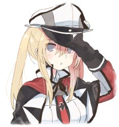 Rule 34 | 1girl, black gloves, blonde hair, blue eyes, breasts, capelet, cross, gloves, graf zeppelin (kancolle), hat, ina (1813576), iron cross, kantai collection, long hair, long sleeves, military, military hat, military uniform, necktie, parted lips, peaked cap, sidelocks, simple background, solo, twintails, uniform, upper body, white background