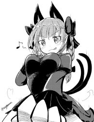 Rule 34 | 1girl, :q, animal ears, blush, bow, braid, breasts, cat ears, cat tail, dress, extra ears, foreshortening, frilled sleeves, frills, from below, greyscale, hair bow, hand on breast, kaenbyou rin, licking lips, long hair, long sleeves, looking down, medium breasts, monochrome, multiple tails, musical note, naughty face, nekomata, outstretched arm, simple background, smile, solo, speed lines, tail, taurine 8000mg, tongue, tongue out, touhou, twin braids, twitter username, upper body, v-shaped eyebrows, white background