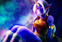 Rule 34 | 1girl, blue skin, colored skin, horns, league of legends, mizoreame, pointy ears, ponytail, single horn, sitting, solo, soraka (league of legends), white hair
