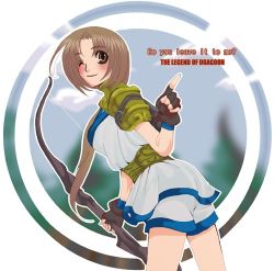 Rule 34 | 1girl, blush, bow, breasts, brown hair, fingerless gloves, gloves, lowres, ponytail, shana (dragoon), shorts, smile, the legend of dragoon, tree, weapon, wink