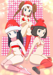 Rule 34 | 3girls, bare shoulders, bikini, black footwear, black hair, blue eyes, blush, boots, breasts, brown hair, closed mouth, creatures (company), crossed arms, crossed legs, dawn (pokemon), double bun, game freak, gradient background, hair bun, highres, knee boots, knees together feet apart, long hair, microsd (pibo), multiple girls, nintendo, no panties, pink footwear, pokemon, pokemon bw2, pokemon dppt, pokemon sm, red headwear, red thighhighs, rosa (pokemon), scarf, scrunchie, selene (pokemon), short hair, side-tie bikini bottom, sitting, small breasts, smile, striped bikini, striped clothes, swimsuit, thighhighs, twintails, wariza, wrist scrunchie