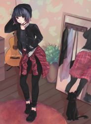 Rule 34 | 1girl, artist name, beanie, bedroom, black cat, black footwear, black jacket, black neckwear, black pants, blush, cat, chest of drawers, closed mouth, clothes around waist, clothes hanger, full body, gradient hair, guitar, guitar stand, hanamei, hand in own hair, hand in pocket, hat, highres, instrument, jacket, jacket around waist, long sleeves, looking at viewer, midriff, mirror, multicolored hair, open clothes, open jacket, original, pants, pet, plaid, plaid jacket, plant, potted plant, red eyes, red jacket, reflection, rug, shoes, short hair, solo, speedpaint, unbuttoned