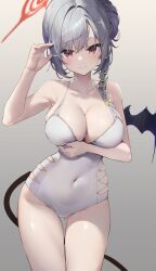 Rule 34 | 1girl, alternate costume, arm under breasts, arm up, armpits, bare arms, bare shoulders, bat wings, bikini, blue archive, blush, braid, breast hold, breasts, cameltoe, cleavage, closed mouth, collarbone, commentary request, covered navel, cowboy shot, demon girl, demon tail, demon wings, gluteal fold, gradient background, grey background, grey hair, groin, hair between eyes, hair bun, hair ribbon, halo, hand up, harenchi, haruna (blue archive), haruna (swimsuit) (blue archive), highres, large breasts, looking at viewer, one-piece swimsuit, red eyes, ribbon, sidelocks, simple background, skin tight, smile, solo, standing, sweat, swimsuit, tail, thigh gap, thighs, white bikini, wings