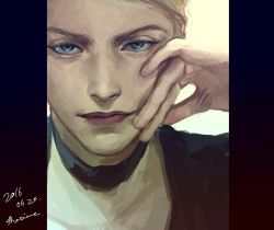 Rule 34 | 10s, 1boy, 2016, artist name, blonde hair, dated, face, grey eyes, head rest, highres, jojo no kimyou na bouken, male focus, meron nouka, pillarboxed, prosciutto, realistic, signature, smile, solo