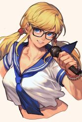 Rule 34 | alternate costume, blonde hair, blue eyes, capcom, crop top, glasses, hungry clicker, microphone, rainbow mika, sailor collar, sailor shirt, school uniform, shirt, simple background, street fighter, street fighter v, tagme, twintails, wristband