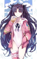 Rule 34 | 1girl, black hair, black ribbon, blue nails, blue sky, cloud, collarbone, drinking, drinking straw, drinking straw in mouth, earrings, fate/grand order, fate (series), fingernails, fur-trimmed jacket, fur trim, hair ribbon, hand in pocket, highres, holding, hoop earrings, ishtar (fate), ishtar (swimsuit rider) (fate), jacket, jewelry, long hair, one-piece swimsuit, open clothes, open jacket, parted bangs, pink jacket, pink thighhighs, red eyes, ribbon, single thighhigh, sky, sodamachi, solo, sweat, swimsuit, thighhighs, two side up, very long hair, white one-piece swimsuit