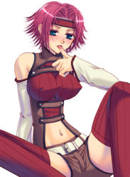 Rule 34 | 00s, 1girl, arm support, asano akira, bare shoulders, breasts, code geass, covered erect nipples, fairypink, hand up, kouzuki kallen, licking, licking thumb, lowres, midriff, navel, red hair, sitting, sleeveless, sleeveless turtleneck, solo, thighhighs, tongue, turtleneck