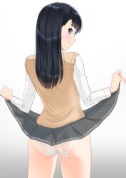 Rule 34 | 1girl, amagami, ass, ayatsuji tsukasa, black eyes, black hair, closed mouth, clothes lift, cowboy shot, from behind, gradient background, grey background, grey skirt, highres, kero320, kibito high school uniform, lace, lace panties, light smile, long hair, long sleeves, looking at viewer, looking back, panties, pleated skirt, profile, school uniform, shirt, skirt, skirt lift, smile, solo, straight hair, sweater vest, underwear, white background, white panties, white shirt, yellow sweater vest