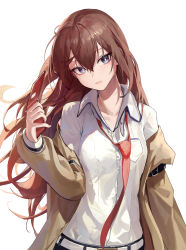Rule 34 | 1girl, absurdres, belt, blue eyes, blush, breast pocket, bright pupils, brown coat, brown hair, cellphone, closed mouth, coat, collared shirt, cowboy shot, flip phone, head tilt, highres, holding, holding phone, long hair, long sleeves, looking at viewer, mac star, makise kurisu, necktie, off shoulder, open clothes, open coat, phone, pocket, red necktie, shirt, simple background, solo, steins;gate, very long hair, white background, white shirt
