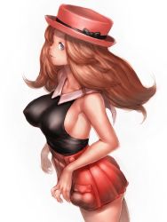 Rule 34 | 10s, 1girl, ass, blonde hair, blue eyes, breasts, brown hair, covered erect nipples, creatures (company), fumio (rsqkr), game freak, hat, large breasts, long hair, low-tied long hair, nintendo, parted lips, pink hat, pleated skirt, pokemon, pokemon (anime), pokemon xy, serena (pokemon), shirt, sideboob, simple background, skirt, sleeveless, sleeveless shirt, smile, solo, thighhighs, white background, white thighhighs