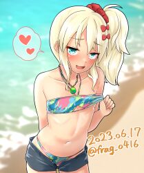 Rule 34 | 1girl, bikini, bikini pull, black shorts, blonde hair, blue bikini, clothes pull, dated, flat chest, furaggu (frag 0416), grecale (kancolle), green eyes, heart, highres, jewelry, kantai collection, leaning forward, long hair, looking at viewer, navel, necklace, official alternate costume, official alternate hairstyle, one-hour drawing challenge, open fly, short shorts, shorts, side ponytail, smile, solo, spoken heart, swimsuit, twintails, waves