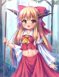 Rule 34 | 1girl, :d, ahoge, arm up, ascot, blush, breasts, broom, commentary, cosplay, cowboy shot, day, detached sleeves, fang, forest, hakurei reimu, hakurei reimu (cosplay), holding, holding broom, horn ornament, horn ribbon, horns, ibuki suika, long hair, looking at viewer, midriff, nature, navel, nontraditional miko, open mouth, orange hair, outdoors, red skirt, red vest, ribbon, ribbon-trimmed sleeves, ribbon trim, sidelocks, skirt, small breasts, smile, solo, standing, takeponi, touhou, very long hair, vest, yellow ascot, yellow eyes