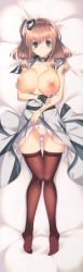 Rule 34 | 1girl, :d, absurdres, bed sheet, black thighhighs, blue eyes, breasts, brown hair, cameltoe, clothes lift, dakimakura (medium), dress, dress lift, fingerless gloves, full body, gloves, gluteal fold, highres, huge filesize, kantai collection, knees together feet apart, large breasts, legs, lowleg, lowleg panties, lying, mutsuno hekisa, nipples, no bra, on back, open clothes, open mouth, open shirt, panties, saratoga (kancolle), saratoga mk ii (kancolle), side ponytail, single glove, skindentation, sleeveless, smile, solo, thighhighs, underwear, white panties