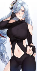 Rule 34 | 1girl, absurdres, black bodysuit, black gloves, blue eyes, blush, bodysuit, braid, breasts, clothing cutout, deras, elbow gloves, genshin impact, gloves, grey hair, hair ornament, hair over one eye, highres, hip vent, large breasts, long hair, looking at viewer, low-braided long hair, low-tied long hair, navel, parted lips, partially fingerless gloves, shenhe (genshin impact), shoulder cutout, solo, thighs, very long hair