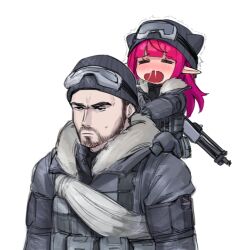 Rule 34 | 1boy, 1girl, beanie, bikini, black bikini, blush, call of duty, call of duty: modern warfare 2, carrying, chibi, commentary, dasdokter, fur collar, gun, hat, hololive, hololive english, irys (hololive), open mouth, piggyback, red hair, rifle, simple background, snot, snot trail, soap (modern warfare 2), swimsuit, weapon, weapon on back, white background