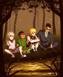 Rule 34 | 4boys, black hair, blonde hair, butterfly sitting, closed eyes, dated, fireflies, forest, formal, gon freecss, gradient background, highres, hunter x hunter, indian style, killua zoldyck, kurapika, lahteh, lake, leorio paladiknight, looking up, male focus, multiple boys, nature, necktie, night, signature, sitting, smile, suit, sunglasses, white hair