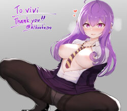 Rule 34 | 1girl, black pantyhose, blush, breasts, breasts out, formal, heart, indie virtual youtuber, long hair, medium breasts, necktie, nipples, non-web source, open clothes, open mouth, open shirt, panties, pantyhose, purple eyes, purple hair, shirt, squatting, suit, underwear, virtual youtuber, vividly vivi, white panties, white shirt