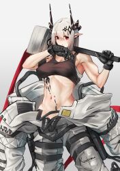 Rule 34 | 1girl, absurdres, arknights, artist name, bandaged arm, bandages, bare shoulders, black gloves, black sports bra, ear piercing, feet out of frame, gloves, grey background, grey hair, groin, hair ornament, hammer, highres, holding, holding hammer, holding weapon, horns, kuromu, long hair, looking at viewer, material growth, mudrock (arknights), muscular, muscular female, navel, open clothes, oripathy lesion (arknights), parted lips, piercing, pointy ears, red eyes, sidelocks, simple background, solo, sports bra, standing, stomach, sweat, weapon, wiping sweat