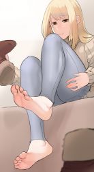 Rule 34 | barefoot, blonde hair, boots, brown eyes, commentary, commission, denim, english commentary, feet, foot focus, foreshortening, grabbing own thigh, highres, holding, holding shoes, jeans, leggings, ludena (rayer), orange eyes, original, pants, removing shoes, ribbed sweater, scathegrapes, shoes, sitting, soles, sweater, toenails, toes, unworn boots, unworn shoes