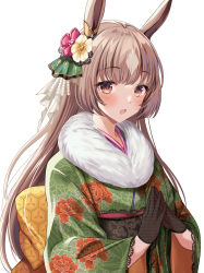 Rule 34 | 1girl, animal ears, black gloves, blush, brown eyes, brown hair, commentary request, fur-trimmed collar, fur trim, gloves, green kimono, hair ornament, harimoji, highres, horse ears, horse girl, japanese clothes, kimono, long hair, long sleeves, looking at viewer, open mouth, satono diamond (umamusume), simple background, solo, umamusume, upper body, white background