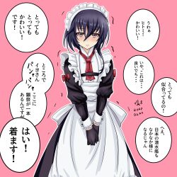 Rule 34 | 1girl, alternate costume, apron, asymmetrical hair, black dress, black gloves, black hair, brown eyes, dress, enmaided, gloves, hair between eyes, i-13 (kancolle), kantai collection, long sleeves, maid, maid apron, maid headdress, pink background, short hair, simple background, solo, tk8d32, translation request, white apron