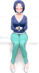 Rule 34 | 1girl, = =, absurdres, ahoge, bad hands, blue hair, blue sweater, blush, breasts, cleavage, closed eyes, dark blue hair, forehead, full body, green pants, highres, hitodama (madatohi), idolmaster, idolmaster (classic), idolmaster million live!, jewelry, large breasts, miura azusa, necklace, pants, plaid, plaid pants, pout, short hair, simple background, sitting, solo, split mouth, sweater, v-neck, white background, white footwear
