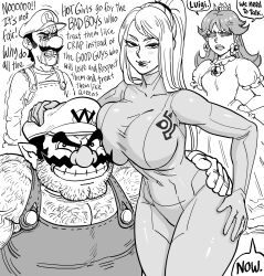 Rule 34 | 2boys, 2girls, absurdres, anger vein, arm around waist, arm hair, bb (baalbuddy), bodysuit, breasts, chest hair, clenched teeth, closed mouth, commentary, couple, covered navel, crown, crying, crying with eyes open, dress, english commentary, english text, envy, eyelashes, facial hair, greyscale, grin, hairy, half-closed eyes, hand on another&#039;s head, hand on another&#039;s hip, hand on own hip, hat, head on chest, height difference, hetero, high ponytail, highres, huge breasts, lips, long hair, long sleeves, looking at another, looking at viewer, luigi, mario (series), metroid, mole, mole under mouth, monochrome, multiple boys, multiple girls, mustache, nintendo, no shirt, open mouth, overalls, pectoral cleavage, pectorals, pointy ears, princess daisy, samus aran, shirt, short hair, short sleeves, smile, streaming tears, stubble, super smash bros., tears, teeth, turtleneck, turtleneck bodysuit, v-shaped eyebrows, wario, wario land, zero suit