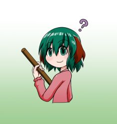 Rule 34 | 1girl, ?, animal ears, broom, commentary request, gradient background, green background, green hair, hair between eyes, holding, holding broom, kasodani kyouko, long sleeves, looking at viewer, looking back, partial commentary, pink shirt, rakugaki-biyori, shirt, short hair, simple background, smile, solo, touhou, upper body