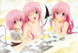 Rule 34 | 3girls, :o, ;d, absurdres, age difference, ahoge, alternate hairstyle, arm grab, bath, bathing, bathroom, blowing, blush, breasts, bubble, bubble bath, blowing bubbles, censored, cleavage, completely nude, convenient censoring, demon tail, everyone, female focus, fingernails, flat chest, green eyes, hair between eyes, hair censor, hair down, hair over breasts, hand on another&#039;s shoulder, highres, holding, indoors, katsuzawa youko, kutsuzawa youko, lala satalin deviluke, large breasts, long hair, looking at viewer, momo velia deviluke, multiple girls, nana asta deviluke, nude, nyantype, official art, one eye closed, open mouth, partially submerged, pink hair, purple eyes, raised eyebrows, reflection, rubber duck, same-sex bathing, scan, shared bathing, short hair, siblings, sisters, small breasts, smile, soap bubbles, steam, tail, tail censor, to love-ru, tongue, topless, toy, twins, underboob, very long hair, water, wet, wink