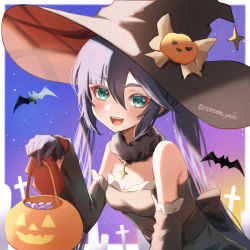 Rule 34 | 1girl, :d, alternate costume, aqua eyes, bare shoulders, bat (animal), black gloves, black hair, black hat, blush, breasts, cleavage, detached sleeves, fur collar, genshin impact, gloves, hair between eyes, halloween, halloween bucket, halloween costume, hat, hat ornament, highres, holding, long hair, long sleeves, looking at viewer, mona (genshin impact), mona (halloween) (genshin impact), nanamo yado, open mouth, pumpkin hat ornament, signature, small breasts, smile, solo, tombstone, twintails, twitter username, witch hat