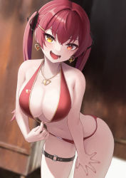 Rule 34 | 1girl, anidante, ass, bare arms, bare shoulders, bent over, bikini, bikini pull, breasts, cleavage, clothes pull, earrings, hair ribbon, heart, heart earrings, heart necklace, heterochromia, highres, hololive, houshou marine, houshou marine (summer), jewelry, large breasts, looking at viewer, nail polish, navel, necklace, o-ring, o-ring thigh strap, open mouth, pink nails, red bikini, red eyes, red hair, ribbon, swimsuit, thigh strap, thighs, twintails, virtual youtuber, yellow eyes